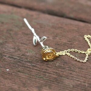 Romantic Two Tone Rose Flower Pendant Sterling Silver 925 , Flower Necklace